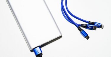 white power bank and blue coated wires